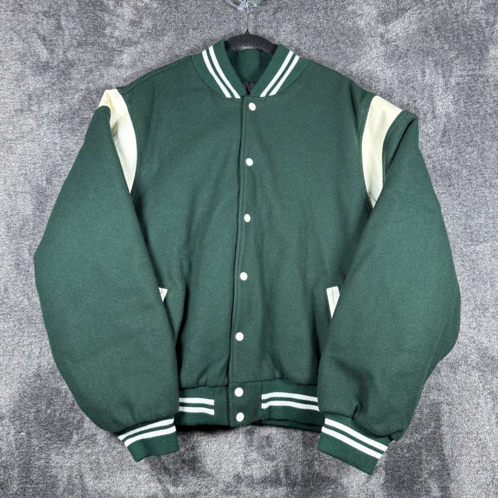 Rennoc Classic Mens 2XL Green Wool Varsity Bomber Jacket Made in USA Quilted